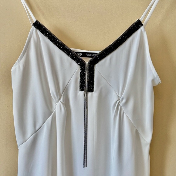 Zara| Cocktail/Party White Satin-y Cami Top Trimmed w/Black Rhinestones Sz S - Picture 2 of 4